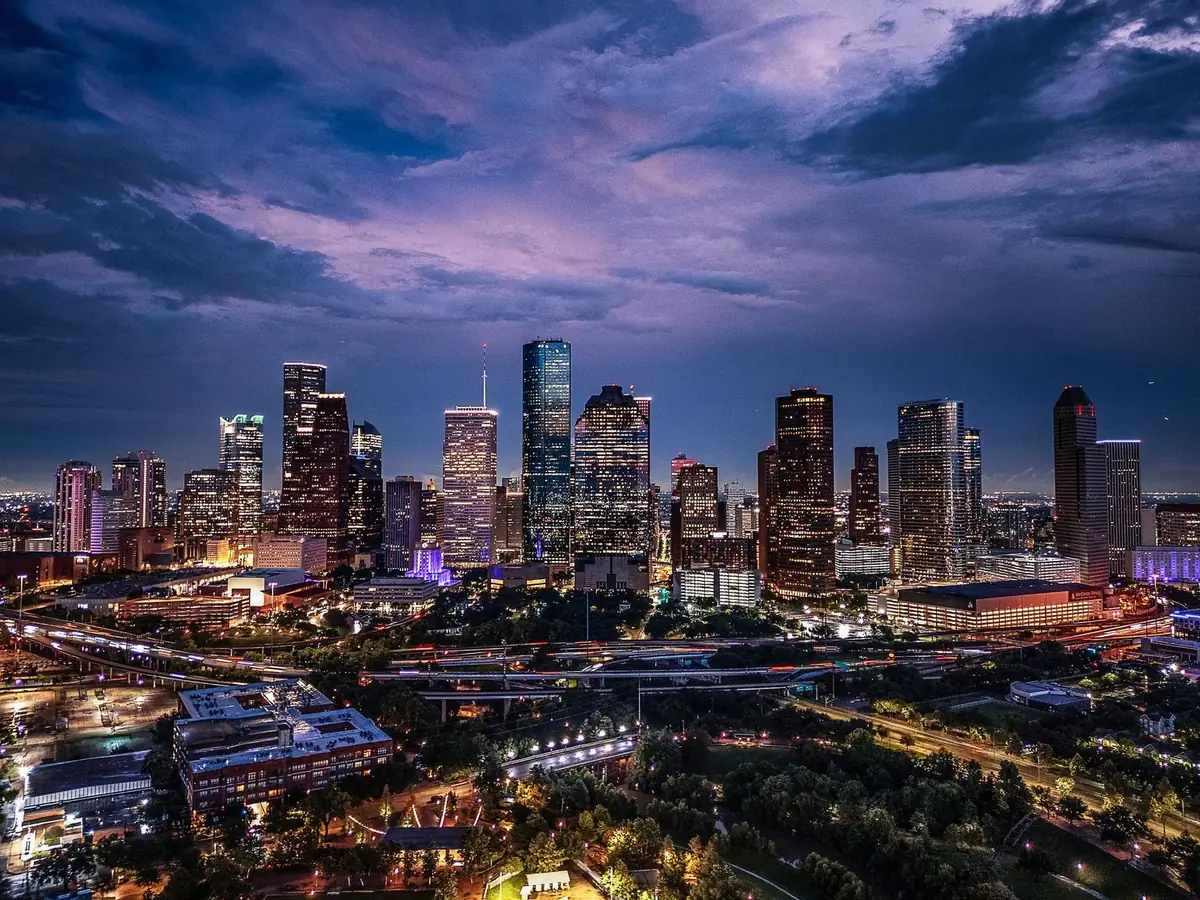 Drone aerial image of downtown Houston, Texas captured at twilight.